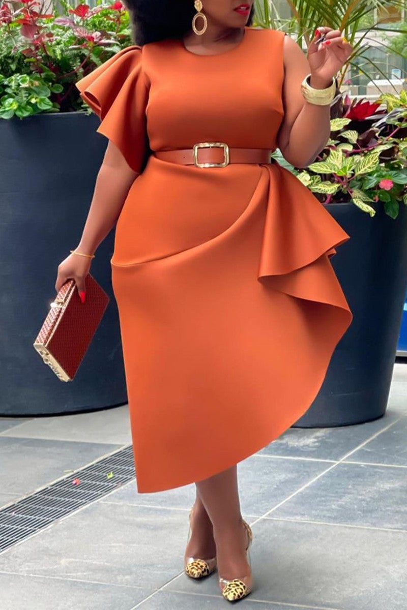 Plus Size Ruffle Flare Sleeve Solid Asymmetrical  Midi Dress(No Belt)