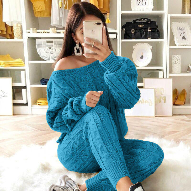 Free-shipping-online-clothing-plus-size-solid-long-sleeve-sweater-pants-two-pieces-set