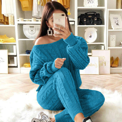 Free-shipping-online-clothing-plus-size-solid-long-sleeve-sweater-pants-two-pieces-set