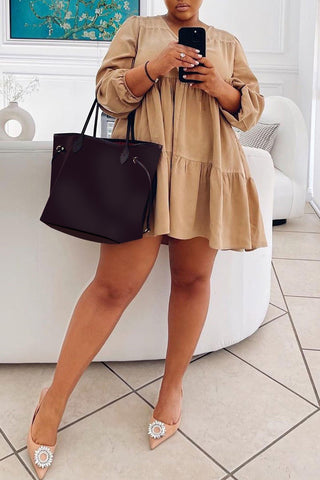 Online-clothing-plus-size-casual-o-neck-ruffle-long-sleeve-mini-dress