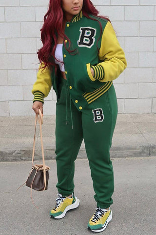 Plus Size Casual Letter Patchwork Buckle Outwear Pants Two Pieces Set