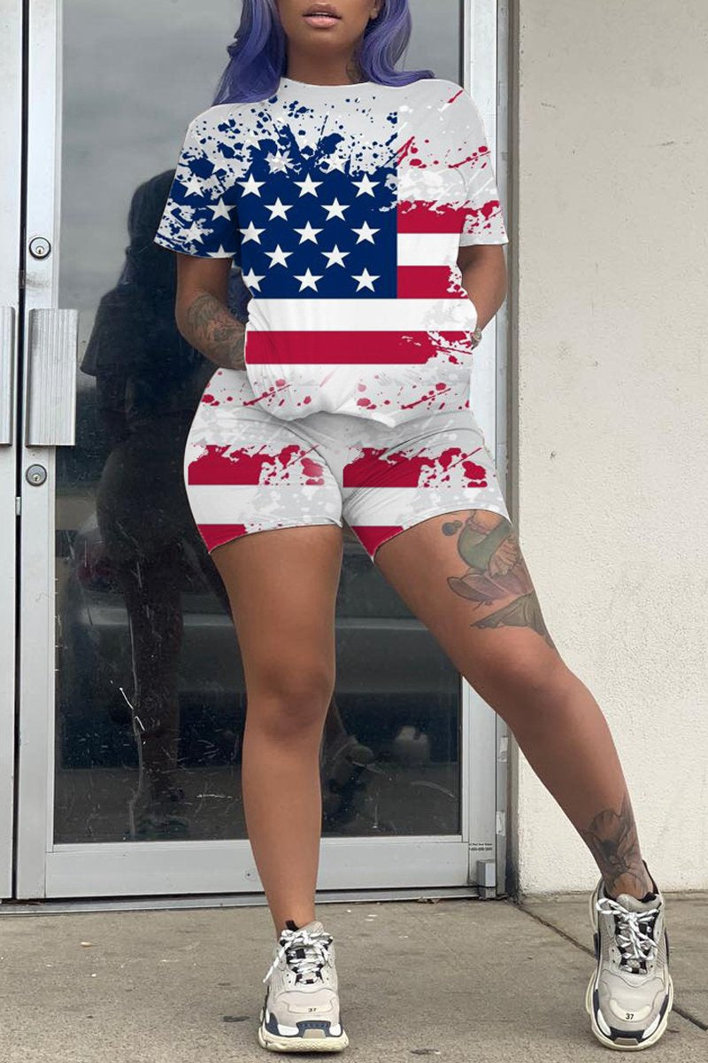 American Flag Print Round Neck Top & Shorts