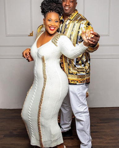 Online-clothing-plus-size-split-joint-long-sleeve-with-golden-chain-knit-sweater-midi-dress