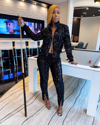Free-shipping-online-clothing-pre-sale-plus-size-sequin-long-sleeve-jacket-front-slit-pants-two-pieces-set
