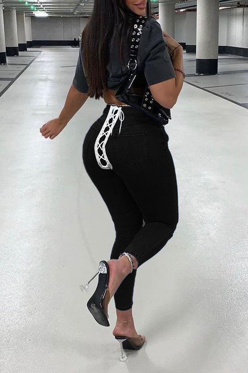 Rodress-freeshipping-back-bandage-denim-plus-size-pants