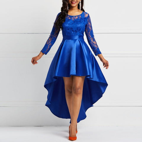 Evening Party Date Asymmetric Satin Hollow Out Floral Lace Long Dress