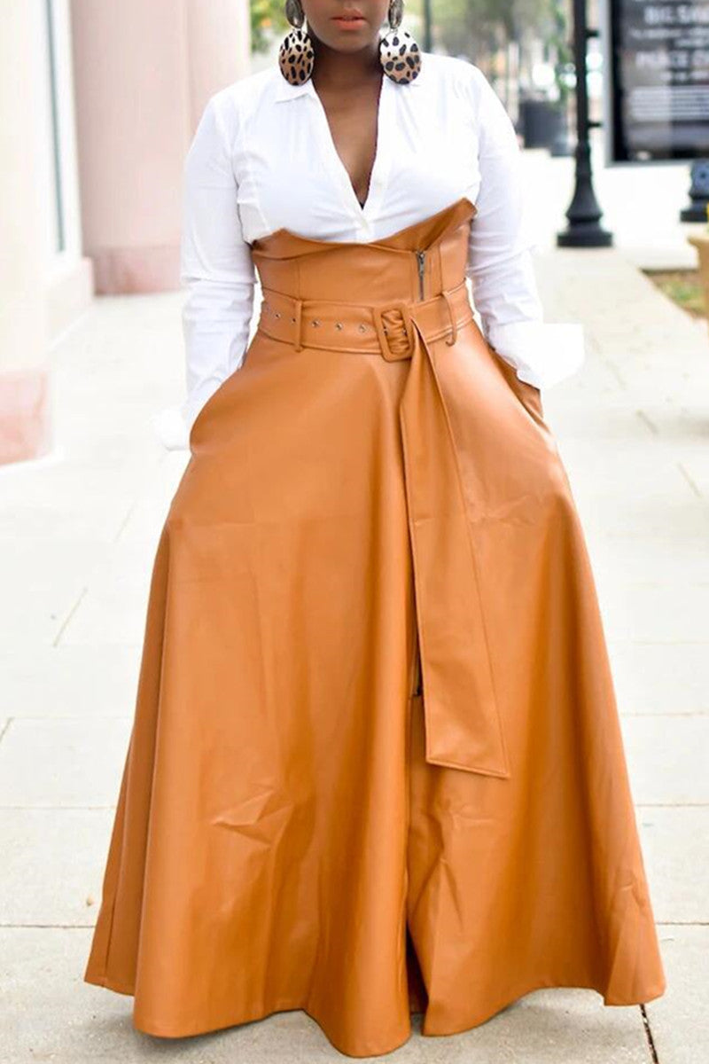 Online-clothing-plus-size-casual-solid-pu-leather-solid-color-maxi-skirt