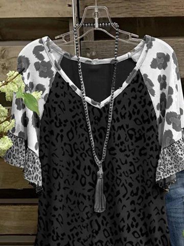 Cotton-Blend Casual V Neck Leopard-Print Shirts & Tops
