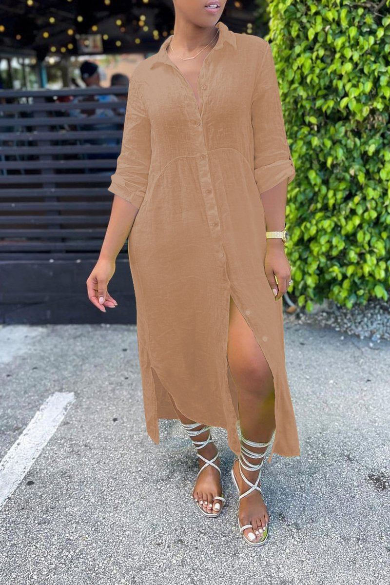Turndown Collar Long Sleeve Solid Plus Size Dress