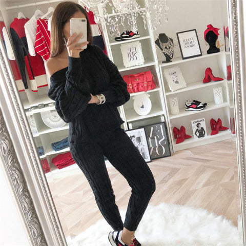Plus Size Solid Long Sleeve Sweater Pants Two Pieces Set