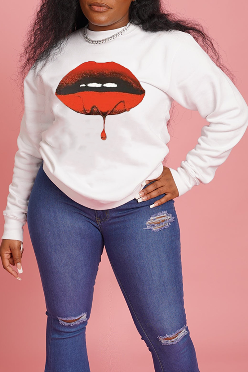 Street Vintage Lips Printed Patchwork O Neck Tops