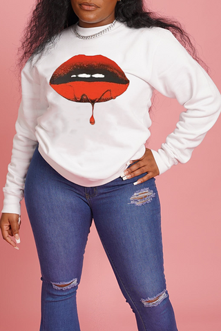 Street Vintage Lips Printed Patchwork O Neck Tops