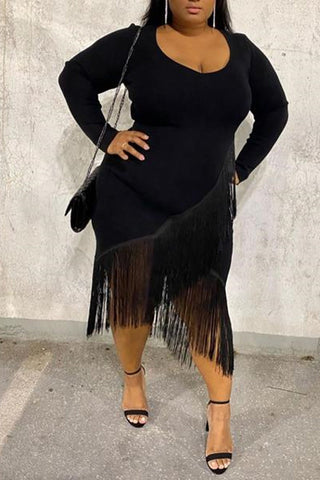 Online-clothing-plus-size-fringe-irregular-long-sleeve-bodycon-midi-dress