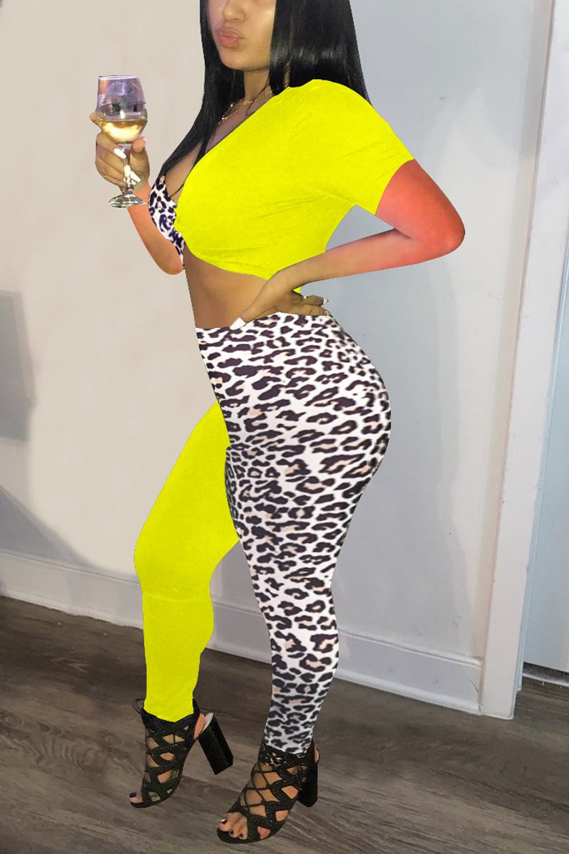 Rodress-freeshipping-color-block-leopard-print-v-neck-two-piece-sets