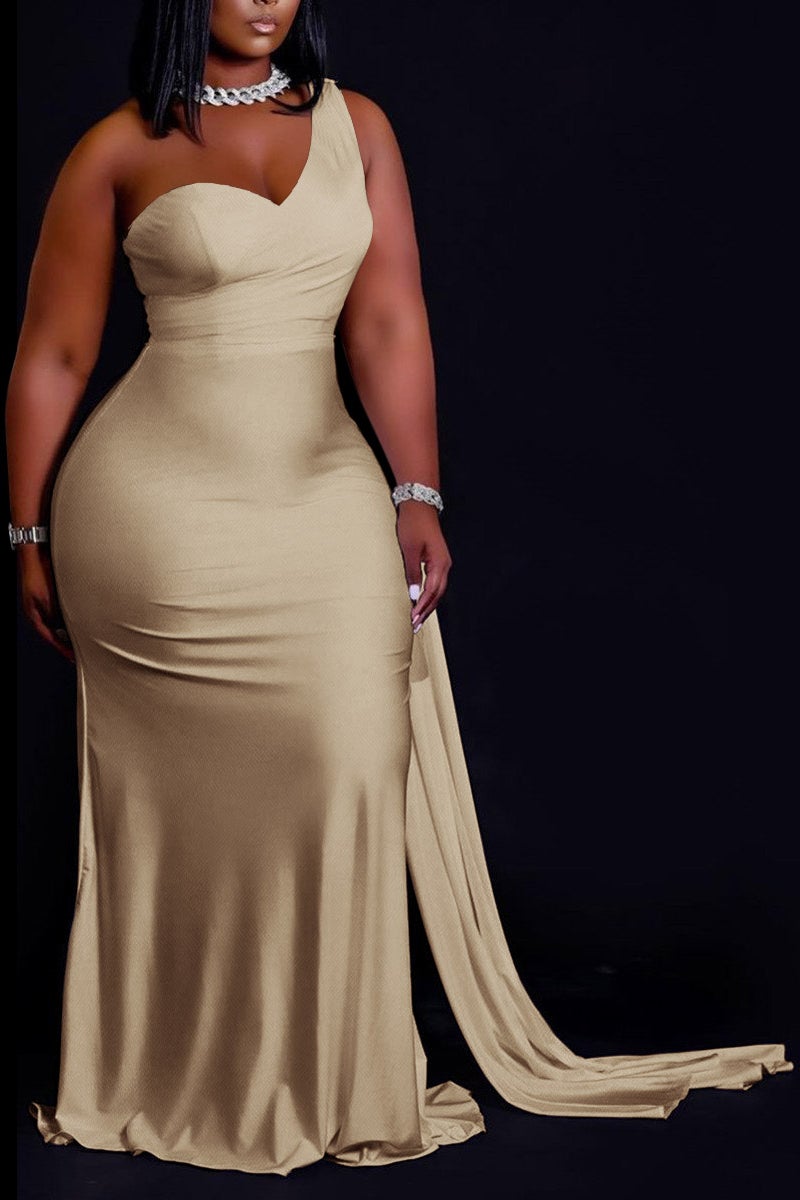 Plus Size Champagne Elegant One-Shoulder Dress Maxi Dress