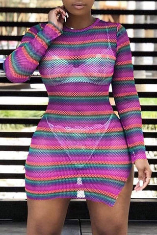 Sexy Colorful Stripe Mesh Hem-Split  Dress