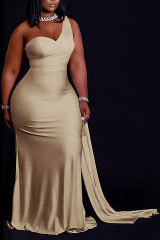 Online-clothing-plus-size-champagne-elegant-one-shoulder-dress-maxi-dress