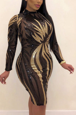 Plus Size All Over Print See Through Sequin Bodycon Midi Dress