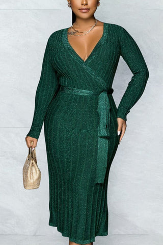 Plus Size Solid V Neck Bandage Midi Dress