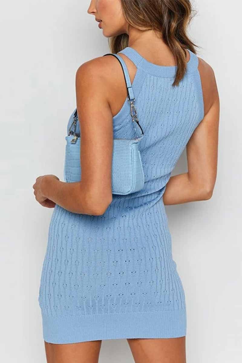 Solid Color Sleeveless Striped Knitted Bag Hip Mini Dress