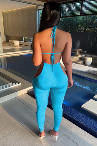 Sexy Hollow Deep V Solid Color Jumpsuit