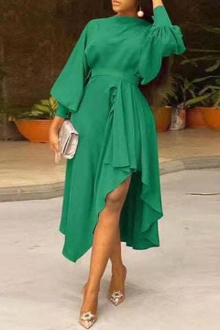Plus Size Wine Red Ballon Sleeves Asymmetrical Midi Dress
