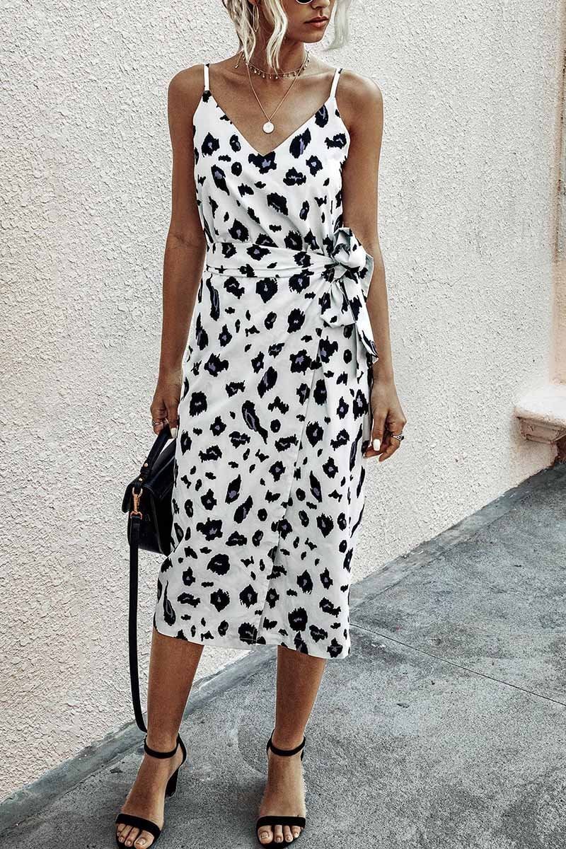 V Neck Print Midi Dress With Belts(4 Colors)