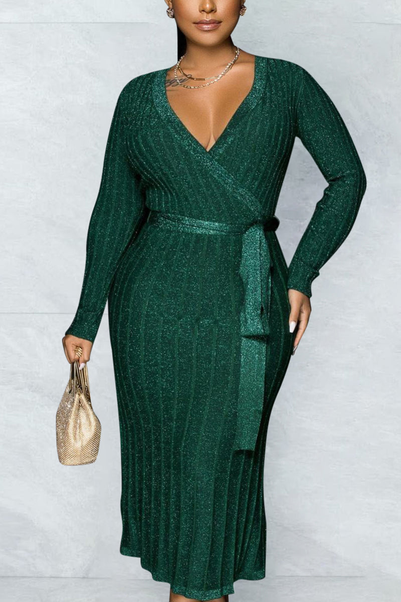 Online-clothing-plus-size-solid-v-neck-bandage-midi-dress