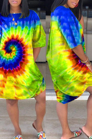 Fashion Tie-Dyed Print Short-Sleeved Irregular Dress