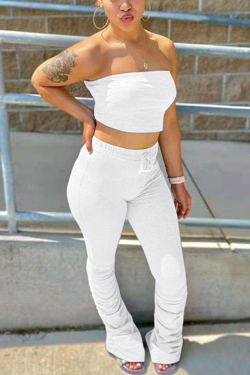 Strapless Wrinkled Drawstring Waist Two Piece Sets