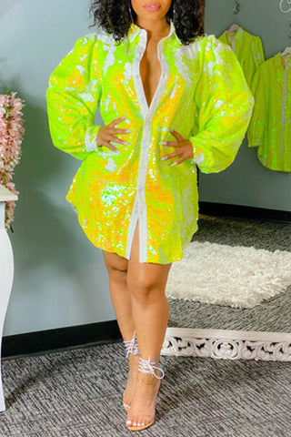 Online-clothing-plus-size-casual-solid-fish-scale-sequin-long-sleeved-shirt-mini-dress