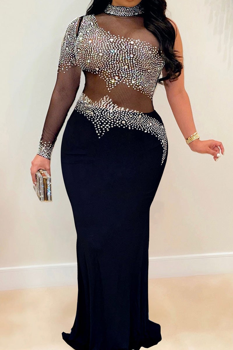 Plus Size Turtleneck See Through Sequin One Sleeve Little Black Maxi Dress