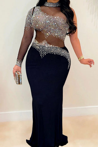 Plus Size Turtleneck See Through Sequin One Sleeve Little Black Maxi Dress