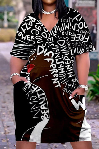 Plus Size V Neck Short Sleeve Cute Black Girl Print Midi Dress-Red