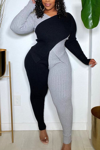 Plus Size Casual Patchwork Long Sleeve Sweater Pants Two Pieces Set