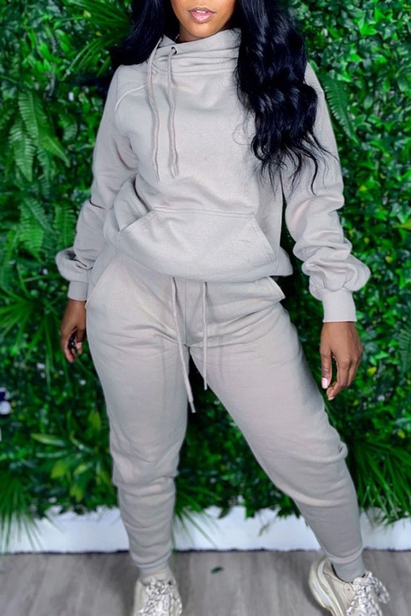 Plus Size Casual Long Sleeve Hooded Collar Long Sleeve Solid Two Pieces