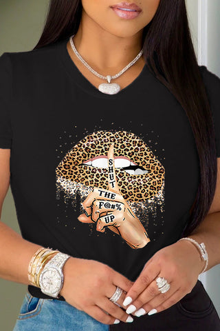 Street Lips Printed Patchwork O Neck T-Shirts