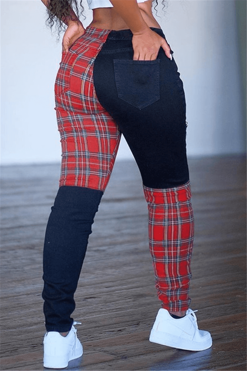 Fashion Casual Skinny Plaid Print Trousers