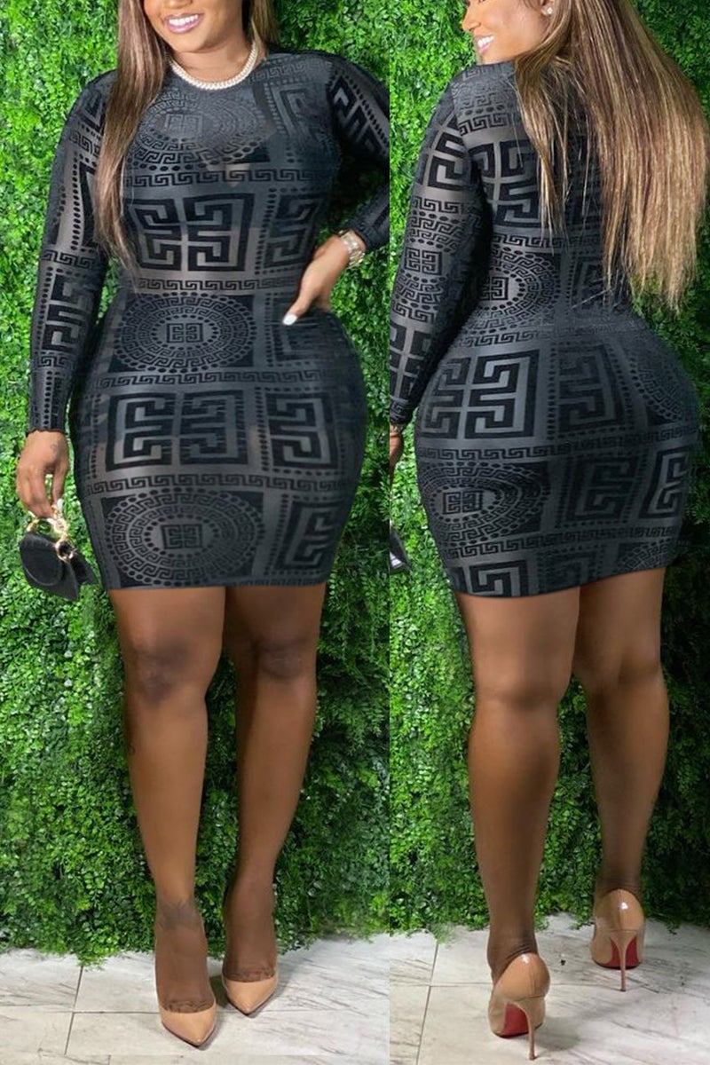 Plus Size Printed Black Long Sleeve Mini Dress