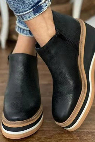Soft Leather Round Head Slope Heels Short Boots