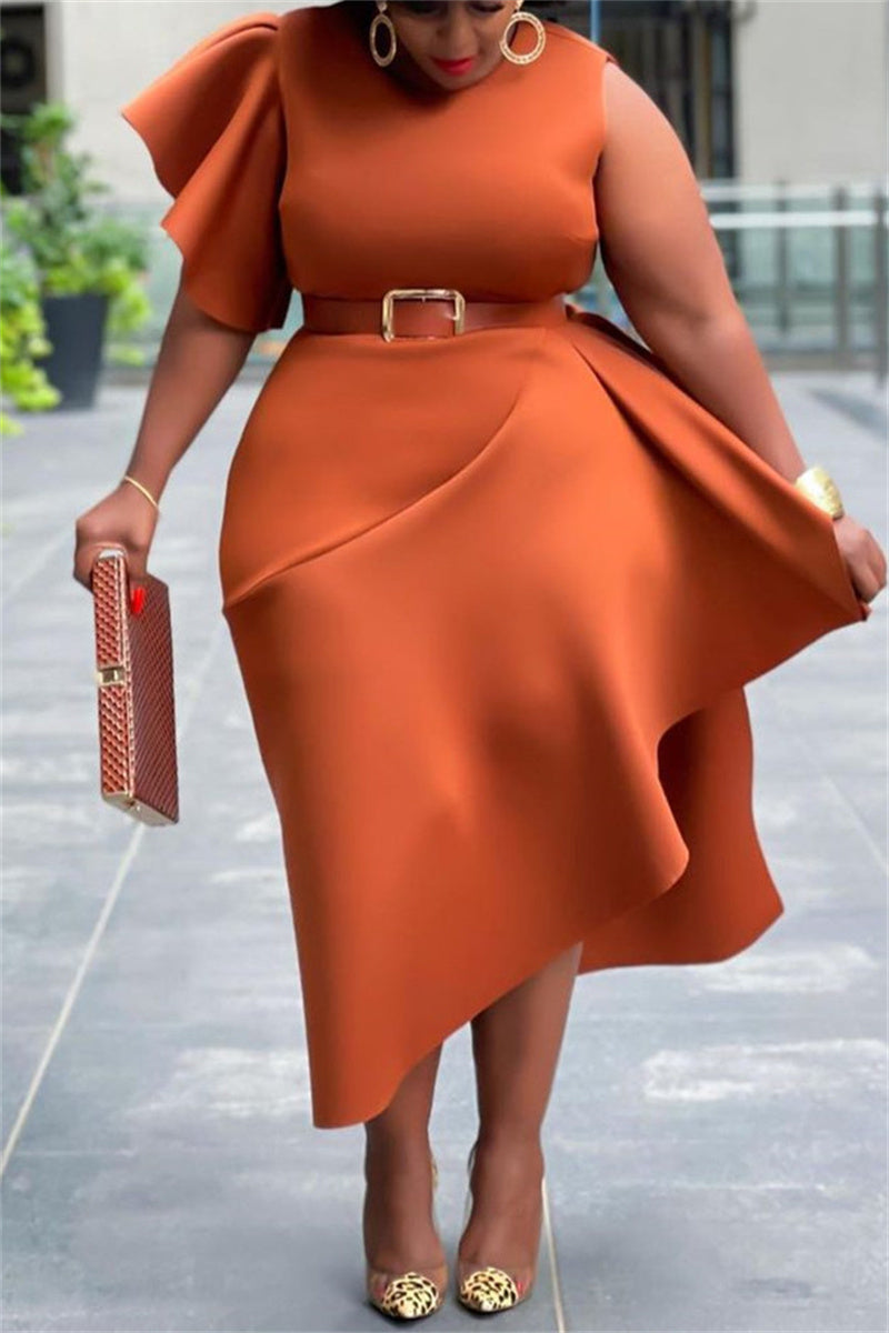 Online-clothing-plus-size-ruffle-flare-sleeve-solid-asymmetrical-midi-dress
