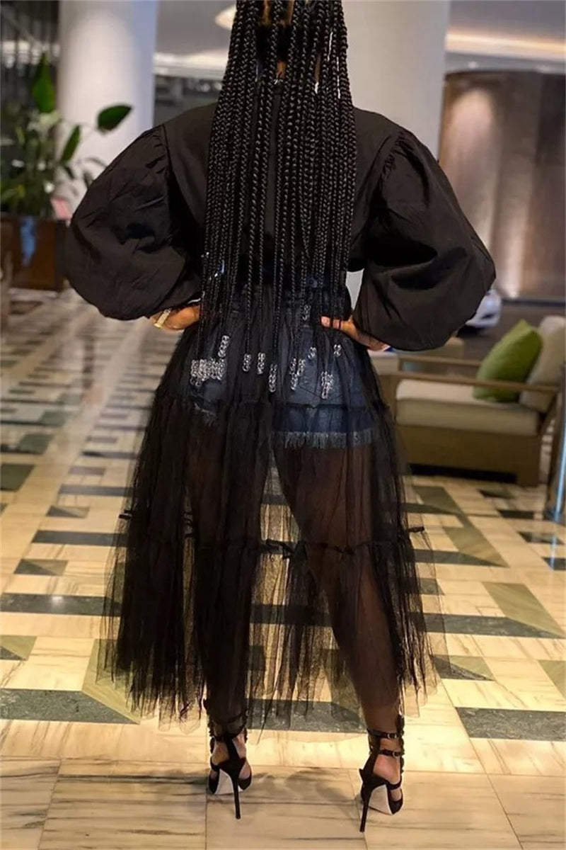 Online-clothing-plus-size-hide-casualmesh-without-belt-mandarin-collar-irregular-dresses