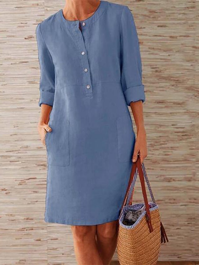 Solid Color Stand Collar Long Sleeve Buttoned Dress