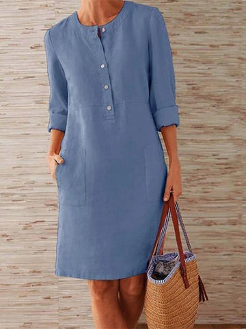 Solid Color Stand Collar Long Sleeve Buttoned Dress