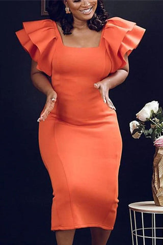 Plus Size Solid Elegant Sleeveless Ruffle Midi Dress