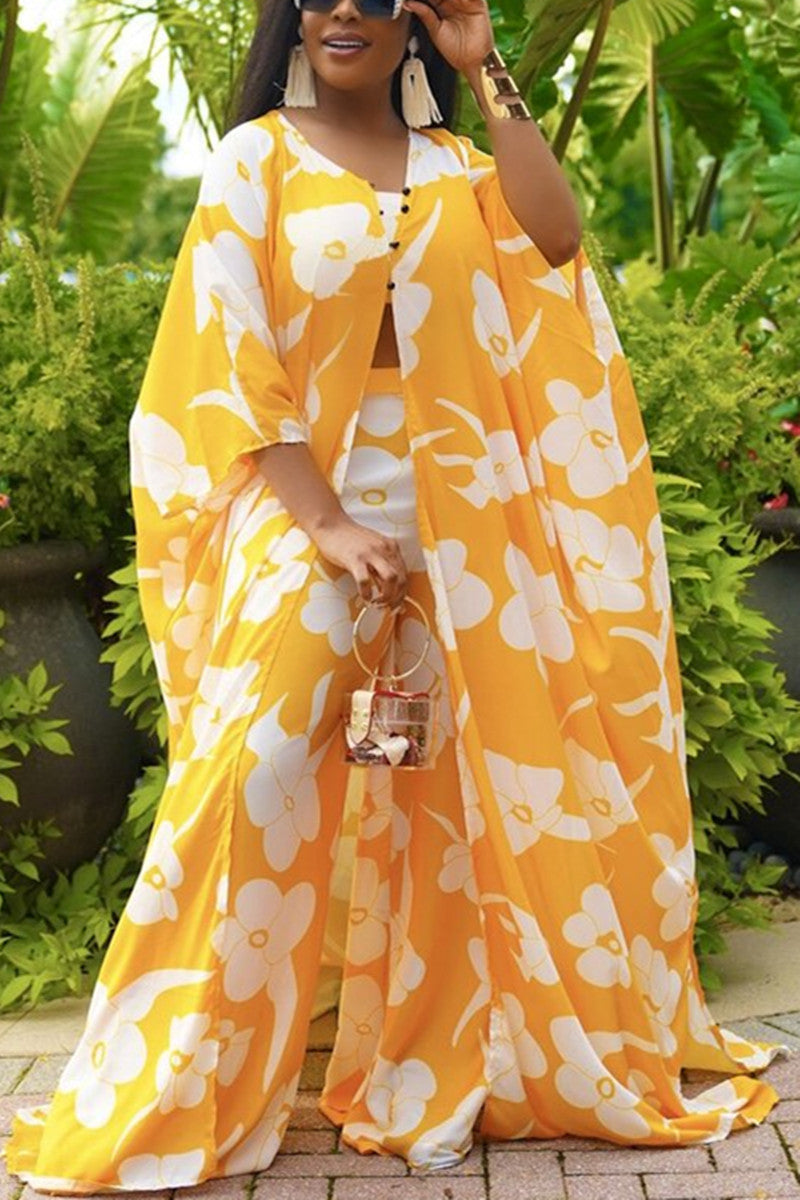 Free-shipping-online-clothing-pre-saleplus-size-casual-yellow-print-kimono-pant-3-piece-set