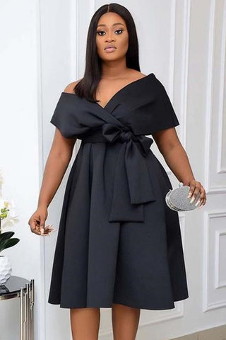 Online-clothing-plus-size-v-neck-off-shoulder-solid-little-black-midi-dresswith-belt