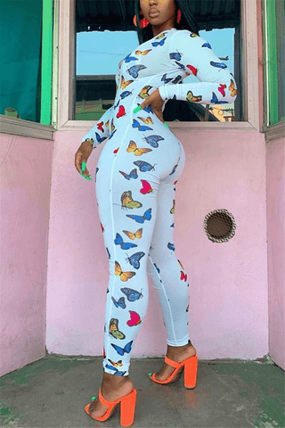 Fashion Sexy Skinny Butterfly Print Jumpsuit
