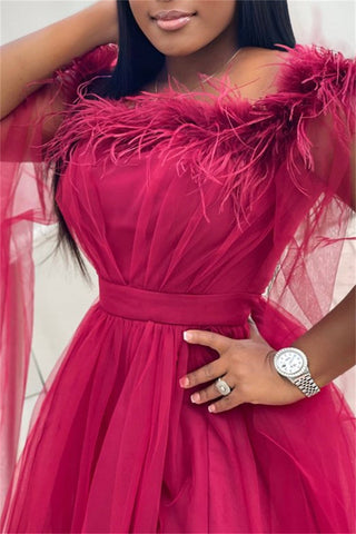Online-clothing-plus-size-feather-collor-tulle-split-joint-solid-maxi-dress