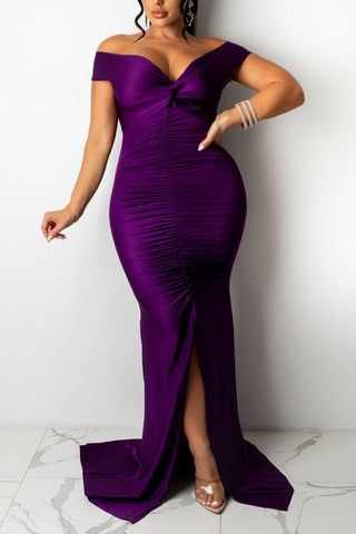 Plus Size Split Joint Off Shoulder Solid Trailing Maxi Dress